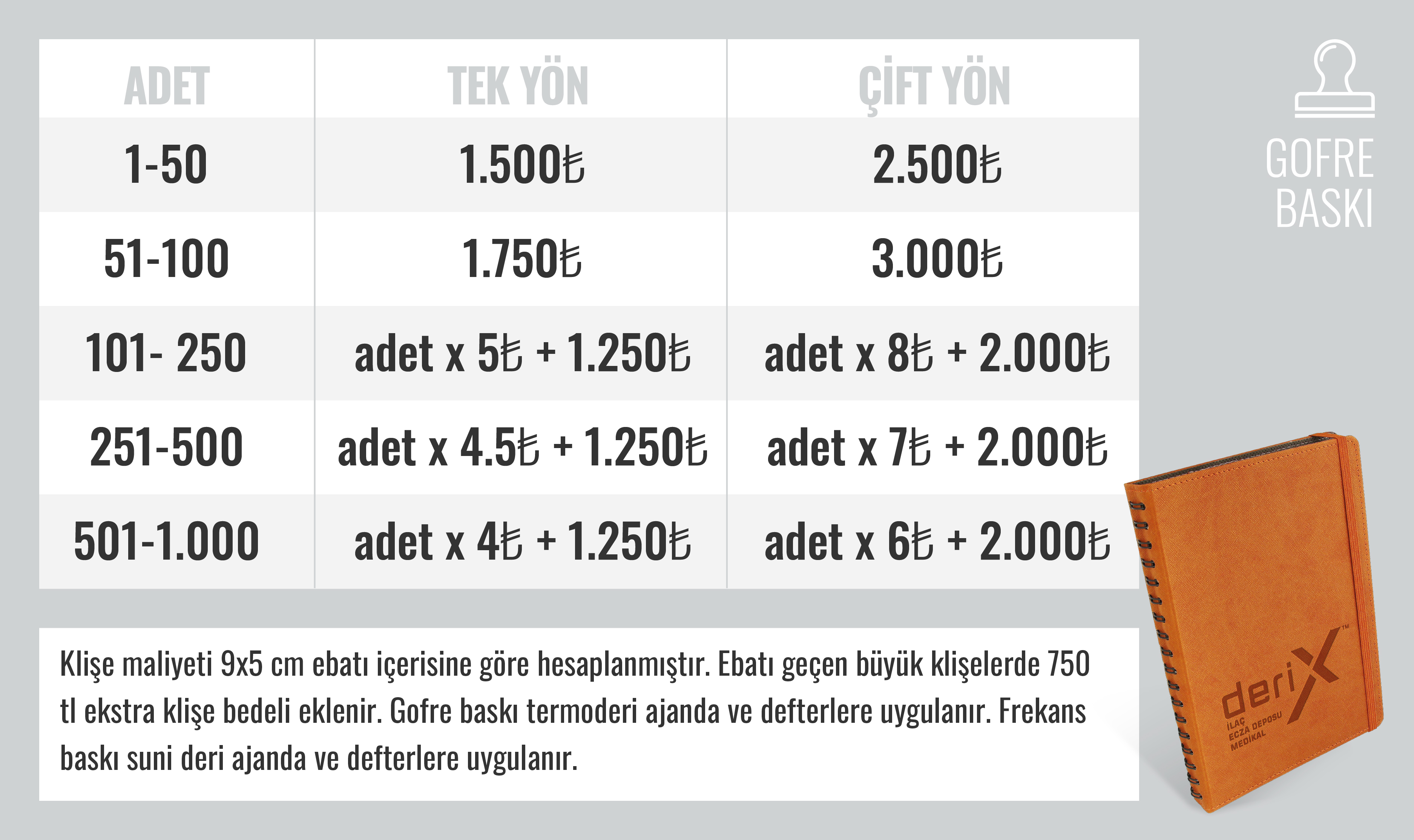 Gofre Baskı fiyat tablosu